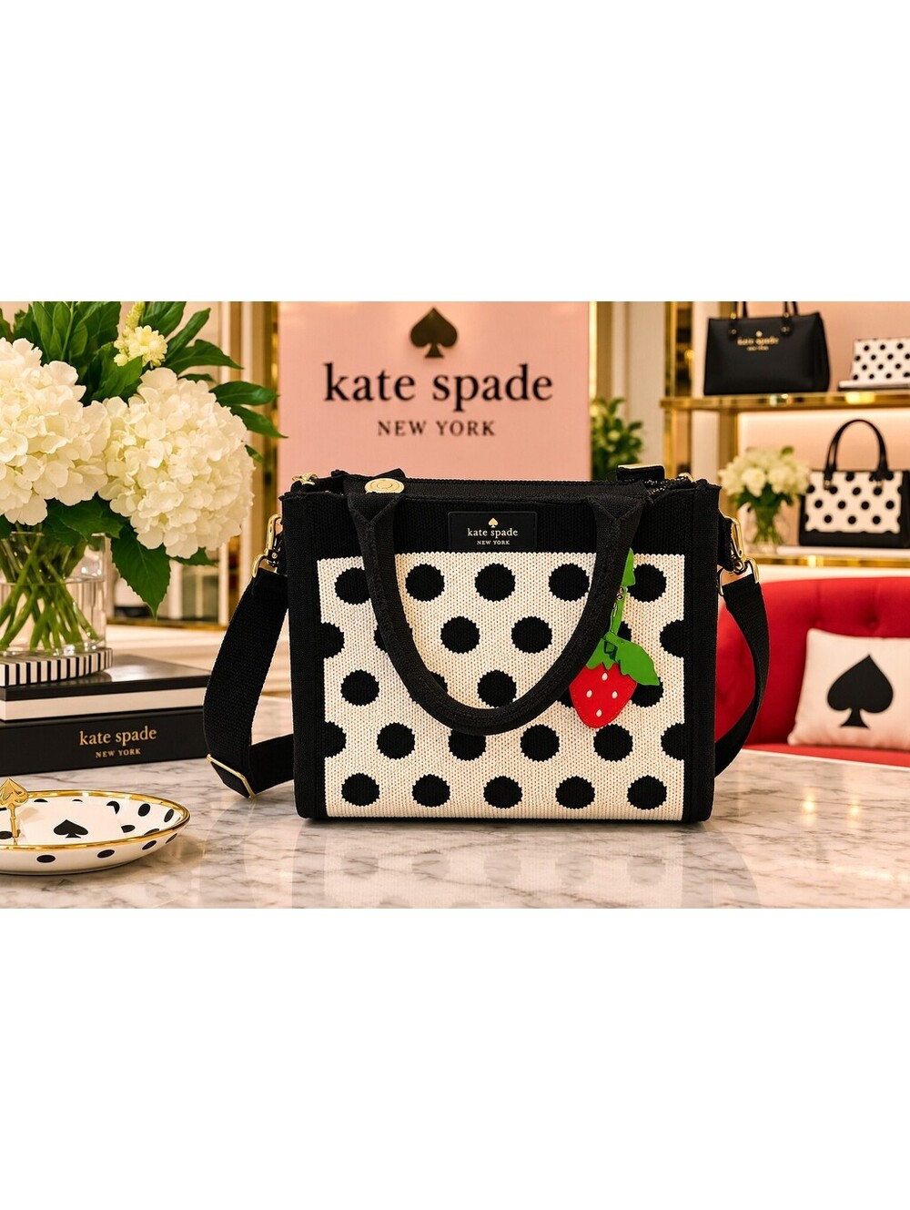 Kate Spade | Black White Polka Dot Knit Mini Tote